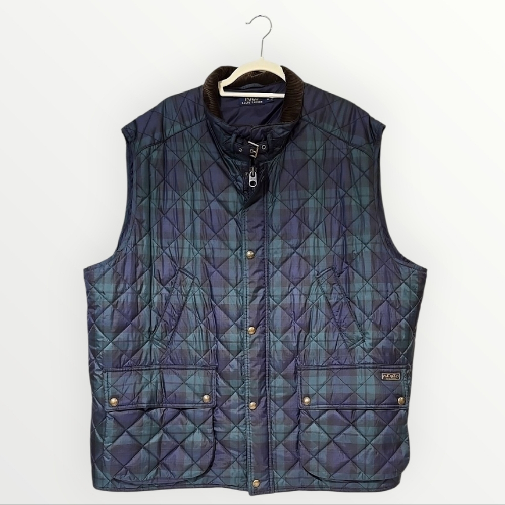 Polo by Ralph Lauren Blue and Green Quilted Vest Blackwatch Tartan Plaid Sz 4X